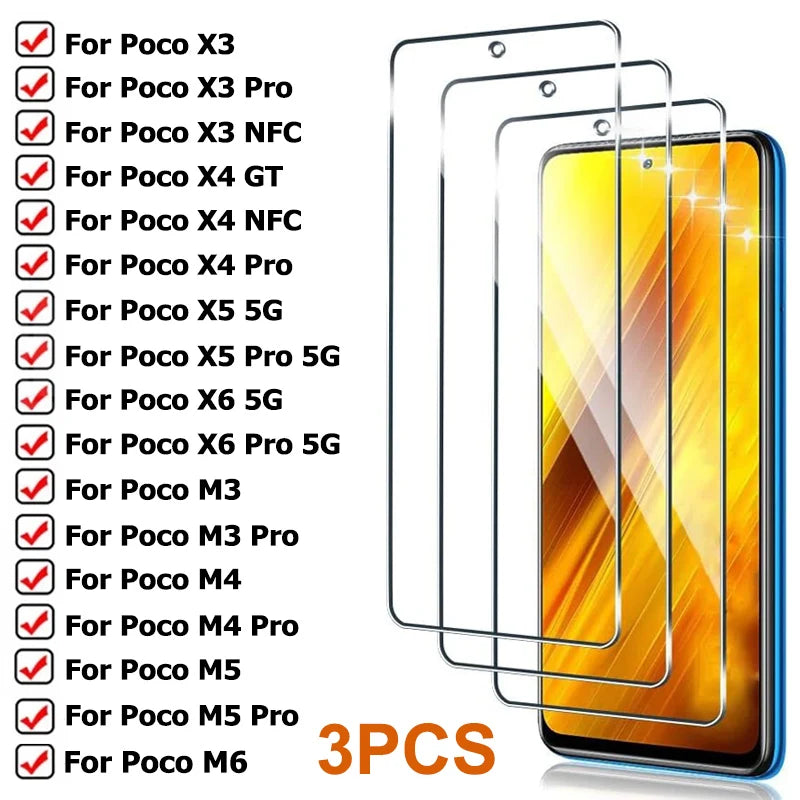 3PCS Protective Glass for Poco X3 X4 GT X5 X6 Pro NFC 5G Screen Protector for Xiaomi Poco M6 M5 M5S M4 M3 M2 Pro Glass Film