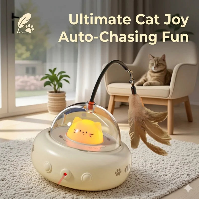 UFO Rotating Feather Cat Toy USB Charging Interactive Indoor Kitten Self Play Teaser