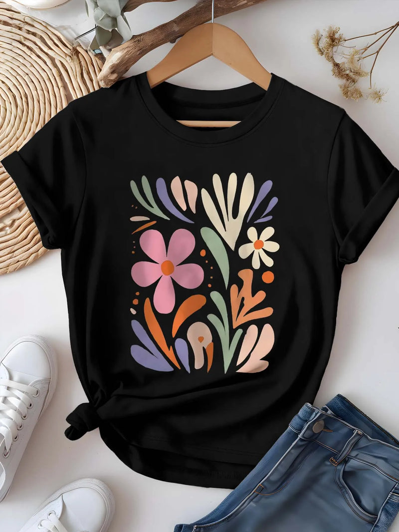Artistic Floral Patch Graphic Chic Printed Fresh Trendy Summer Short Sleeve Round Neck Tee Fashion Y2k Casual Tshirt Women
