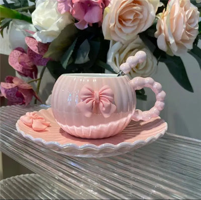 French Pink Bow Cup: Light Luxury Ceramic Coffee Set – Exquisite Design