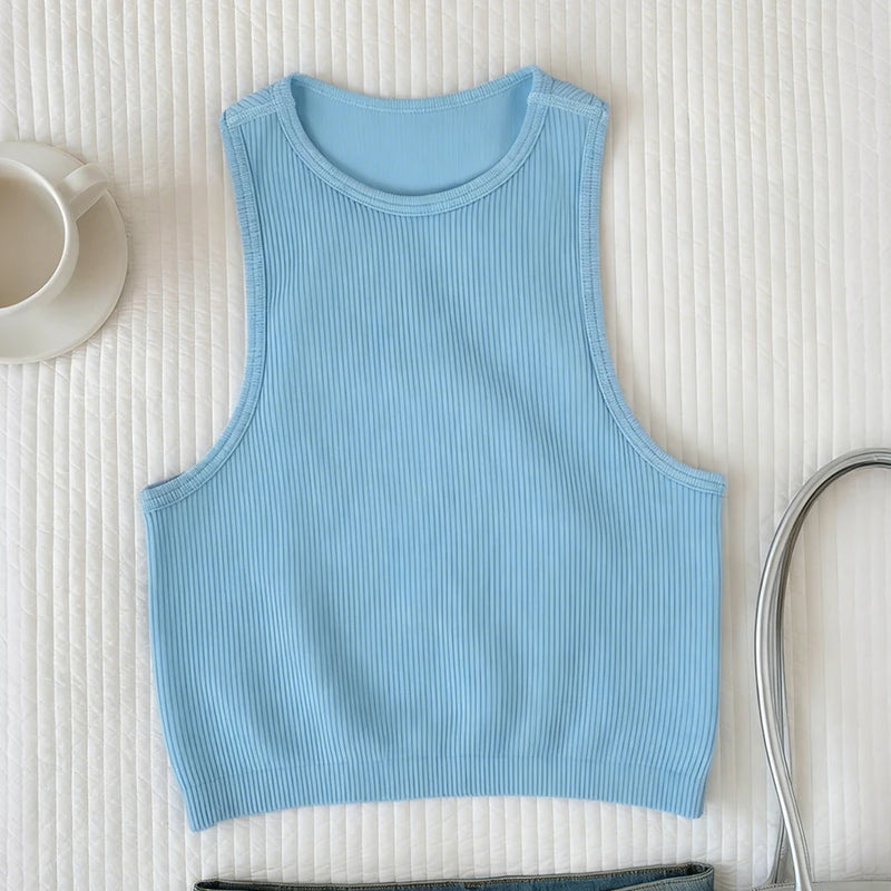 Women Casual Basic Sleeveless Rib-Knit Crop Tank Top Summer Casual Skinny Vest Solid Color Round Neck Camisole