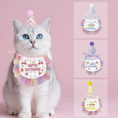 Bavaglino di compleanno per animali domestici e cappello da festa, bavaglino in pizzo per gatti e cuccioli, mini bandana per cani, sciarpa, accessori per vestire i cani per il compleanno