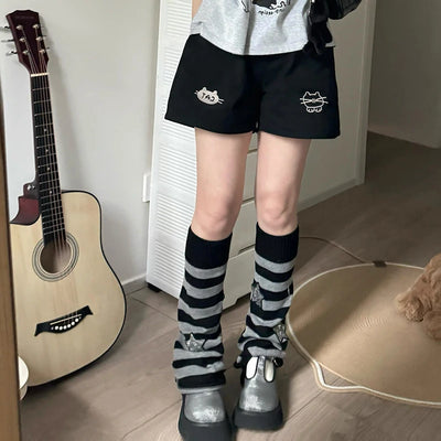 music cat print drawstring women's shorts elastic waist sports solid color shorts summer Kawaii fashion wide-leg women's clothes