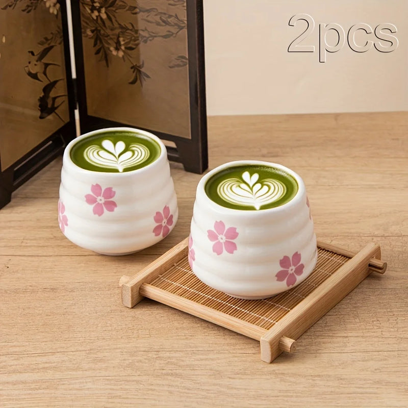 2pcs 160ml/5.4oz cute cherry blossom tea cup, handleless Chinese ceramic tea cup coffee cup, suitable for hot chocolate, milk