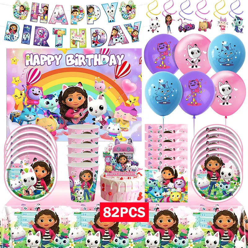 New Gabby Cat Birthday Party Decorations Gabbys Dollhouse Cup Plate Balloons Happy Banner Supplies for Kids Favors Girl Gifts