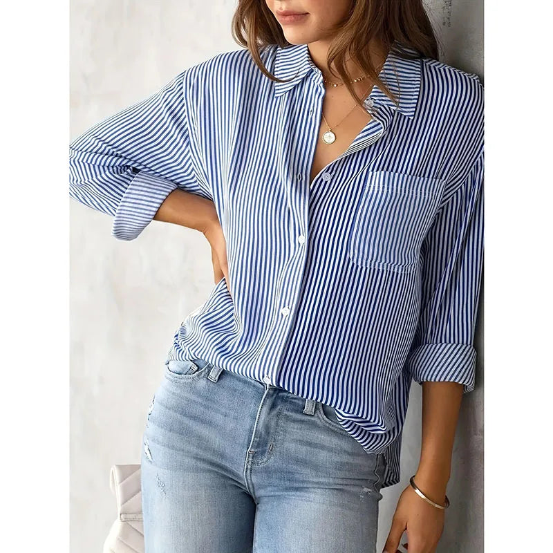 Classic Blue Striped Shirt Women 2026 Spring Streetwear Vintage Long Sleeve Blouses Female Casual Loose Single-Breasted Shirts