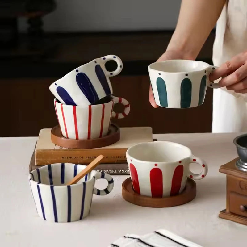 Exquisite Nordic Geometric Striped Ceramic Coffee Mug - Hand-Painted 10.5oz