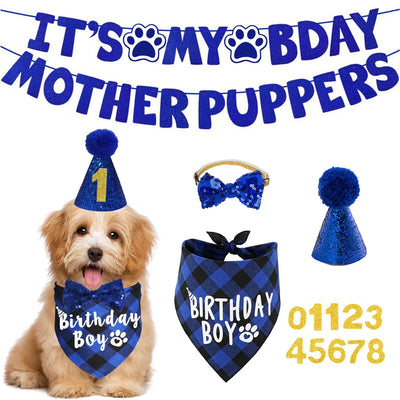 Kit per Feste di Compleanno per Cani - Bandana, Cappello, Papillon e Striscione di Compleanno per Cani di Piccola Taglia, Decorazioni per Cuccioli con Scritte "It's My Bday" per Maschio/Femmina