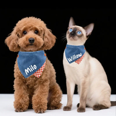 Bandana Bavaglino Personalizzato per Animali Domestici, Tessuto Denim con Fodera a Quadretti, Nome Personalizzabile per Cani e Gatti