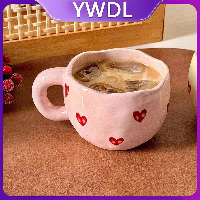 YWDL 1pcs Hand Painted Love Mug Creative Heart Water Cup Ceramic Milk Mug With Handle Valentine's Day Gift