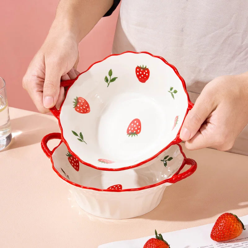1/2pcs 8in Ceramic Salad Bowl with Cute Strawberry Pattern Design, Reusable Pasta Bowl, Ramen Bowl and Soup Bowl, Suitable for H