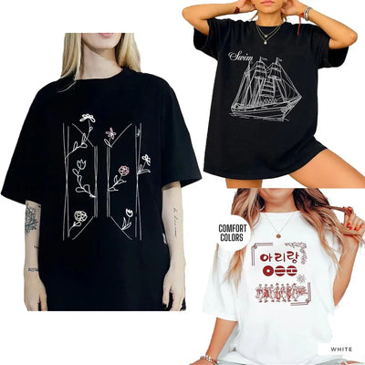 Kpop Swim World Tour Inspired T-Shirt Minimalist Flower Women's Fashion Graphic Clothing Music Lover Streetwear Novelty Tee Gift