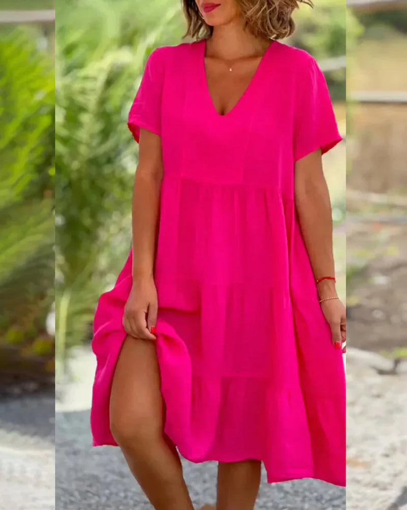 Cotton Linen Casual Women's Dresses 2025 Spring/Summer Sweet Short Sleeve Solid V-neck Large Swing Loose Dress S-5XL