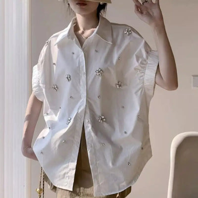 Women's Casual Cotton Short Sleeve Shirt | Embroidered Loose Blouse