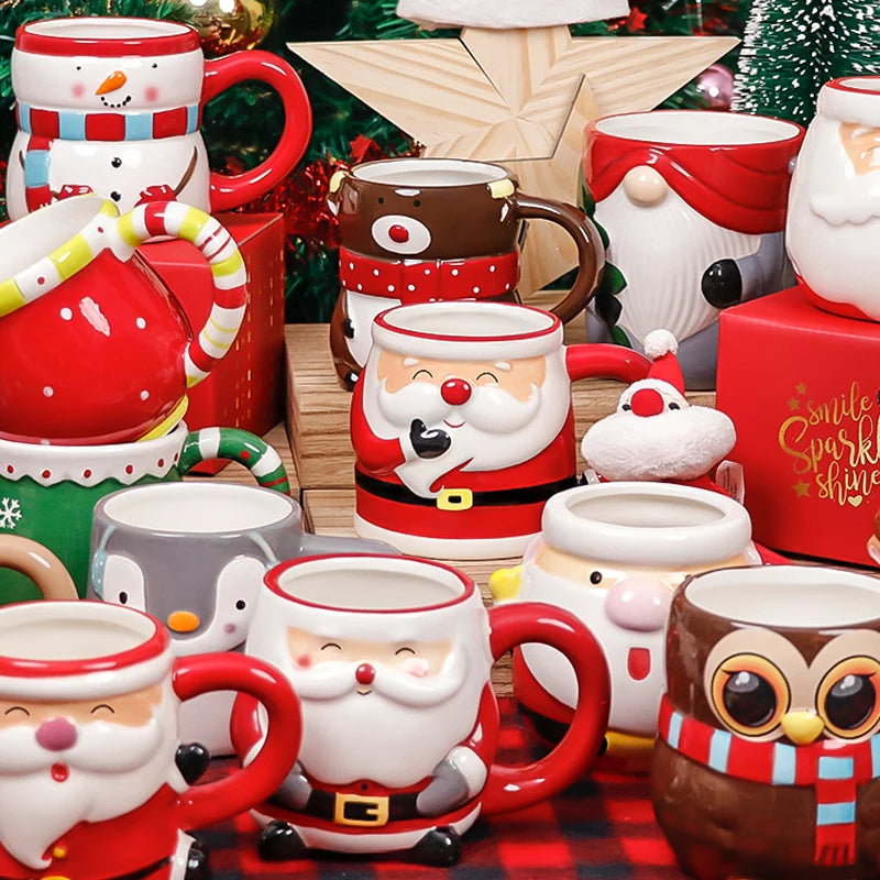 Santa 3D Hand-Painted Ceramic Mug with Handgrip Coffee Milk Tea Perfect Gift Christmas Holiday Gift Box Cartoon Creative