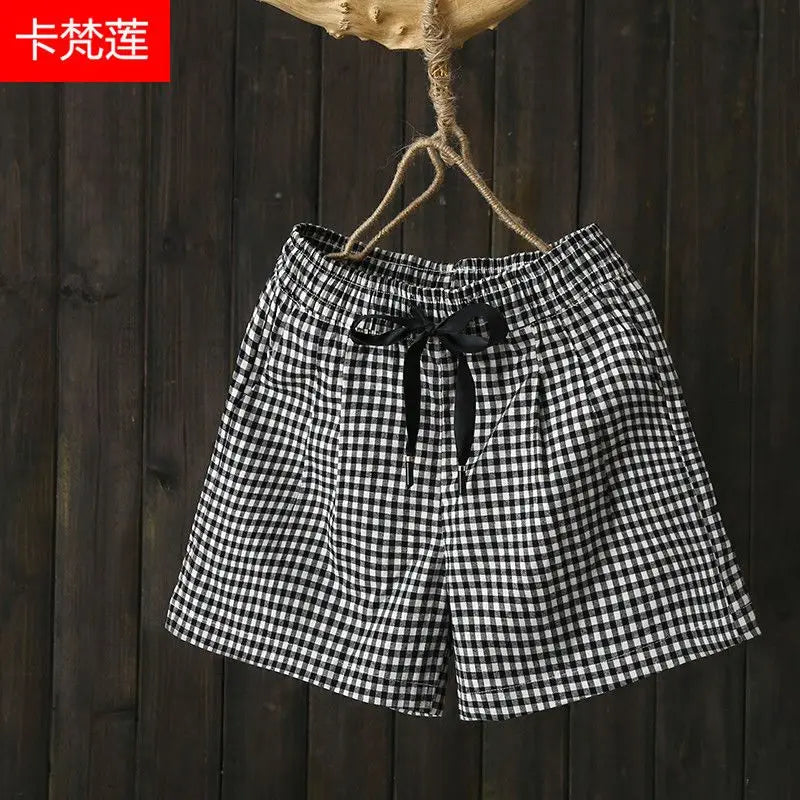 Elastic Waist Drawstring Plaid Loose Youth Vintage Shorts Summer Thin Simplicity Casual Hot Pants Fashion Trend Women Clothing