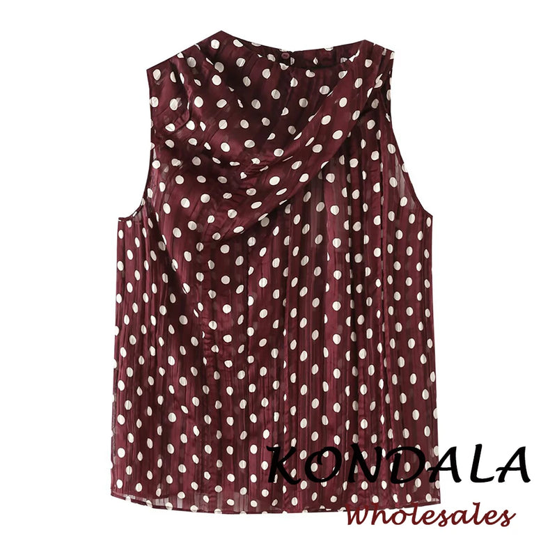 KONDALA Chic Summer Elegant Brown Woman Blouse Polka Dot Fashion 2026 O-Neck Vintage Sleeveless Shirt Teacher Loose Mujer Vest