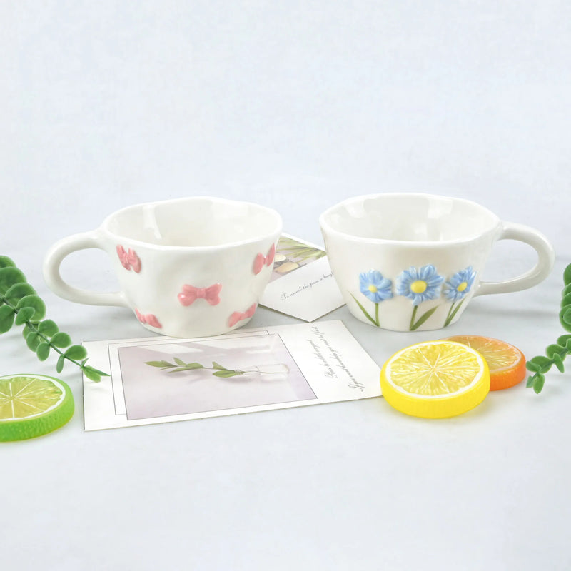 1pcs Irregular hand drawn underglaze color relief blue daisy pink bow ceramic mug water cup
