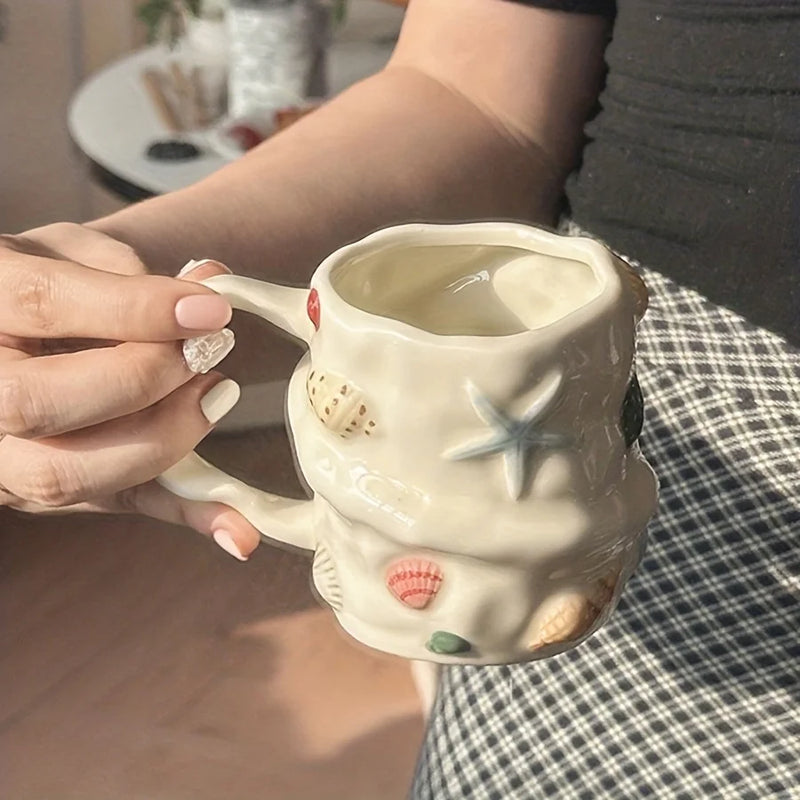 1pc 300ml/10oz Creative Shell Pattern Ceramic Coffee Mug, Hand-painted Ceramic Tea Cup Matcha Cup, Beautiful Pattern Couple Cup,