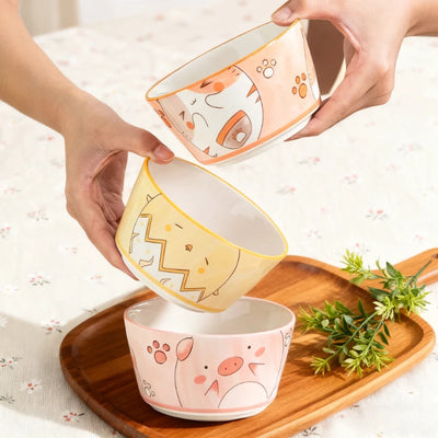 Ciotole per riso da 450 ml, a forma di testa di animale dei cartoni animati, confezione da 4, ciotole per riso domestiche, stoviglie di pregio, ciotola per yogurt, ciotola in ceramica, ciotola personale