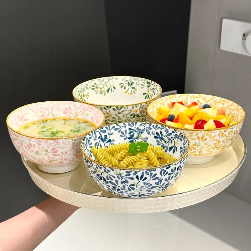 6-Inch Large Capacity Ceramic Bowl with Four Seasons Flower Patternfor Noodles Soup Salad Pasta,Microwave/Dishwasher Safe