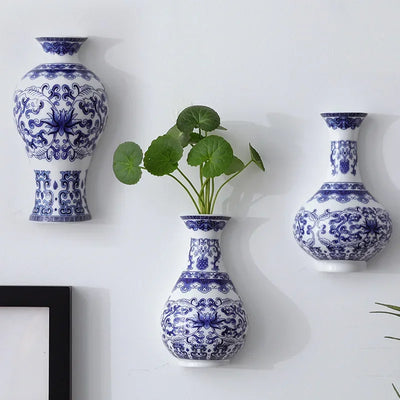 Vaso in ceramica, antico vaso da fiori in porcellana blu e bianca, bambù della fortuna, decorazione per soggiorno e casa, da appendere alla parete