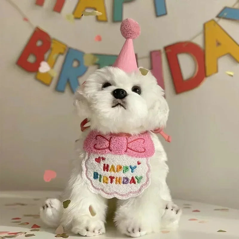 1set Cute puppy kitten birthday hat and scarf dog hat scarf pet birthday supplies cat and dog accessories