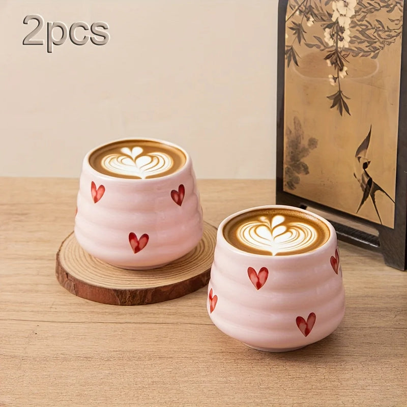 2pcs 160ml/5.4oz Cute Heart-Shaped Ceramic Tea Cups No Handle Chinese Gongfu Coffee Cups with Heart Pattern Design