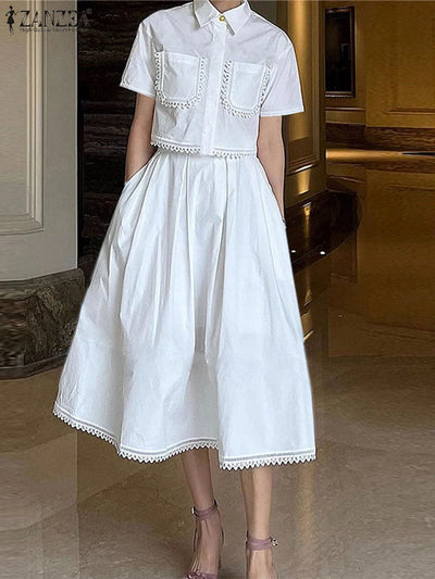 ZANZEA Womens Casual 2 Piece Sets Lace Trim Short Sleeve Crop Tops A-line Midi Skirts 2PCS Outfits Elegant Commute Skirt Sets