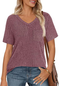2025 Spring/Summer V-neck brushed texture ribbed solid color short-sleeved T-shirt for women