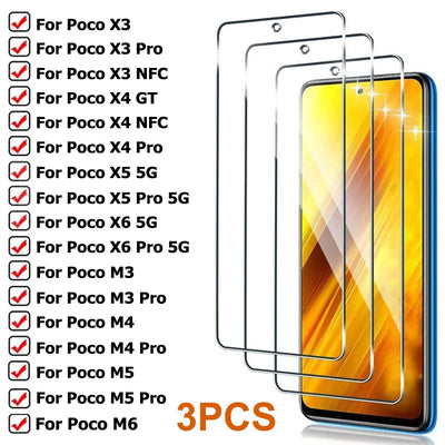3PCS Protective Glass for Poco X3 X4 GT X5 X6 Pro NFC 5G Screen Protector for Xiaomi Poco M6 M5 M5S M4 M3 M2 Pro Glass Film
