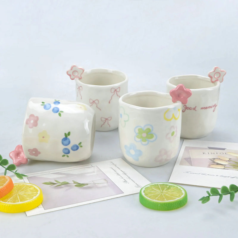1pcs Cute flower cup, hand-painted bow, watercolor flower, hand squeezed irregular ceramic coffee cup