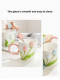 500ml 3D Tulip Pattern Ceramics Mug with Spoon Hand Carved Comfortable handle Coffee Cup Breakfast Milk oatmeal cup Girl Gift