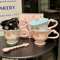 Sakura Relief Ceramic Mug with Spoon Pink Cute High Foot Design for Women Home Use Coffee Cup Souvenir Gift