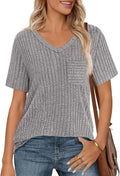2025 Spring/Summer V-neck brushed texture ribbed solid color short-sleeved T-shirt for women