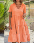 Cotton Linen Casual Women's Dresses 2025 Spring/Summer Sweet  Short Sleeve Solid V-neck Large Swing Loose Dress  S-5XL