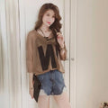 Women Half Sleeve Loose T-Shirts V-Neck Summer Causal Letter Print Crops Tops Pullovers Tees Streetwear Y2K 2pcs T Shirt+Tank