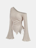 women's New off shoulder cross long sleeved slim fit casual street style asymmetrical elegant T-shirt trumpet sleeve top