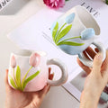 Tulip Ceramic Mug with Lid & Spoon 400ml Coffee Tea Cup, Valentine's Day/Teachers Day Gifts for Couples, Women, Home Office Use