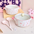Pink Bow Double Ear Handle Bowl Ceramic Instant Noodles Bowl with Lid Cute Girl Heart Soup Bowl, High Beauty Household Rice Bowl