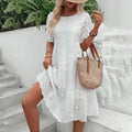 Women's Long Simple Casual Solid Hollow Out Pure Cotton Holiday Style High Waist Fashion Mid-Calf Summer Dresses NEW Vestidos
