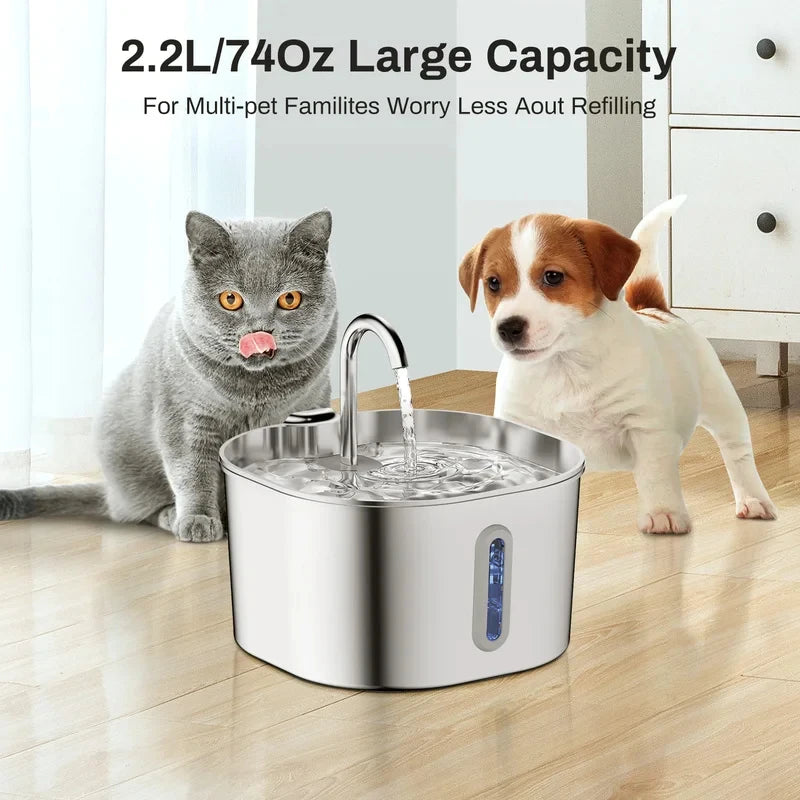 2.2L Automatic Cat Fountain Stainless Steel Pet Water Dispenser Silent Water Pump Circulation Filtering Visual Window（USB）