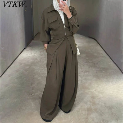 VTKW Collar Zipper Waist-restricting Design Pure Color 2025 Spring Summer Women's Blazer High-quality Loose Pants Two-piece Set