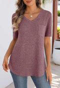 2025 Spring/Summer V-neck brushed texture ribbed solid color short-sleeved T-shirt for women
