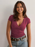 2025 Summer New Fashion Women's T-Shirt Solid-Color Slim-Fit V-Neck Short-Sleeve Top Y2k Clothing