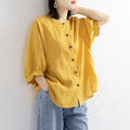 ZOKI Casual Cotton Linen Shirts Oversize Summer Lantern Half Sleeve Tops Summer Korean Loose Mom Button Up Blouse Dropshipping