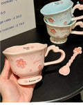Sakura Relief Ceramic Mug with Spoon Pink Cute High Foot Design for Women Home Use Coffee Cup Souvenir Gift