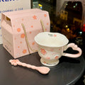Sakura Relief Ceramic Mug with Spoon Pink Cute High Foot Design for Women Home Use Coffee Cup Souvenir Gift