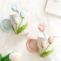500ml 3D Tulip Pattern Ceramics Mug with Spoon Hand Carved Comfortable handle Coffee Cup Breakfast Milk oatmeal cup Girl Gift