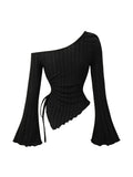 women's New off shoulder cross long sleeved slim fit casual street style asymmetrical elegant T-shirt trumpet sleeve top